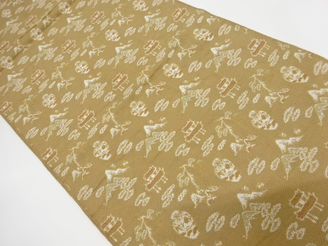 JAPANESE KIMONO / ANTIQUE FUKURO OBI / WOVEN MOUNTAIN & MANSION WITH PINE